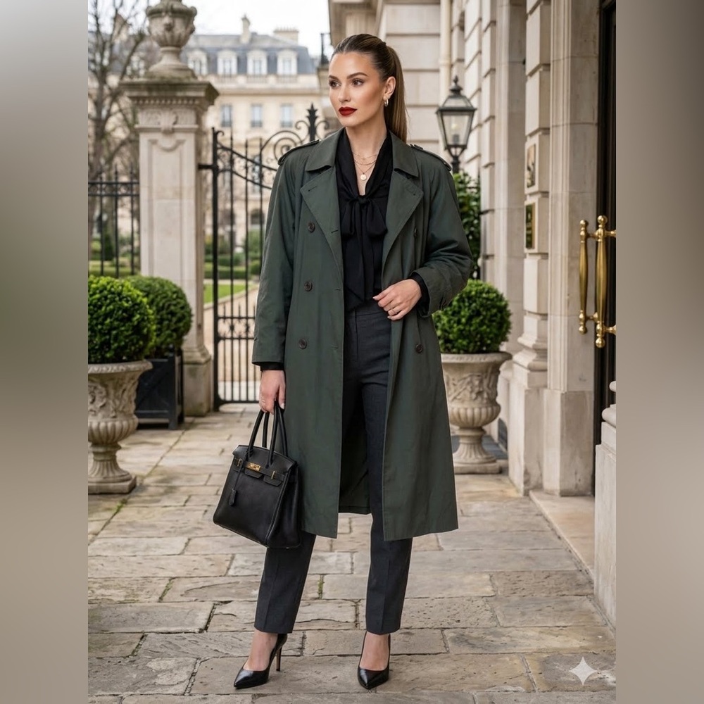 Sanyo Soleil Classic Olive Green Long Trench Coat Ove… - Gem